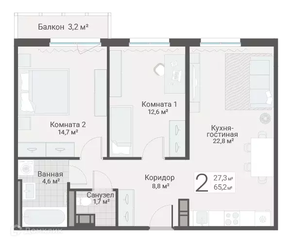 Продаётся 2-к квартира, 65.2 м - Фото 0