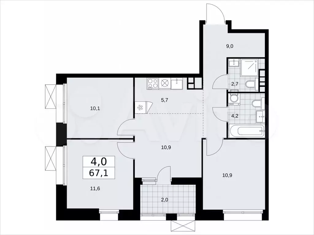 4-к. квартира, 67,1м, 12/21эт. - Фото 1