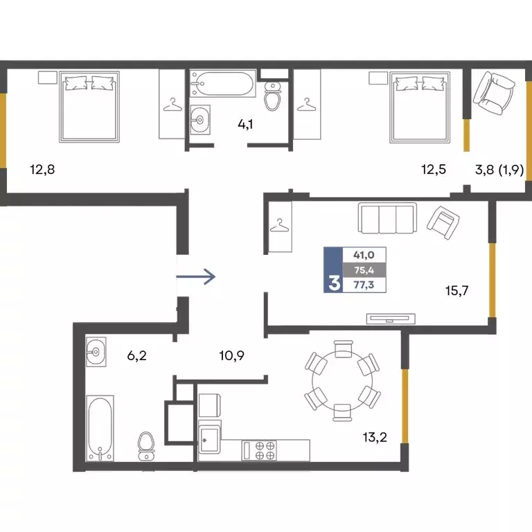 3-комнатная квартира: Перевальное, ЖК Предгорье (77.3 м) - Фото 1