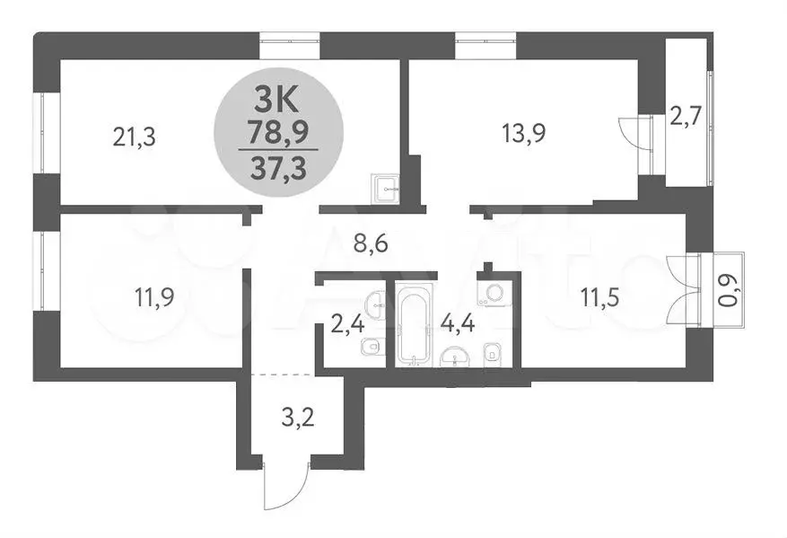 3-к. квартира, 78,9 м, 2/9 эт. - Фото 0