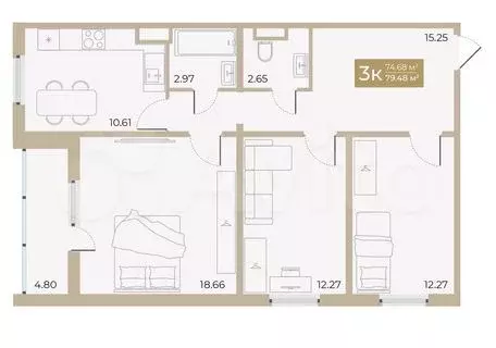 3-к. квартира, 74,7 м, 9/18 эт. - Фото 0