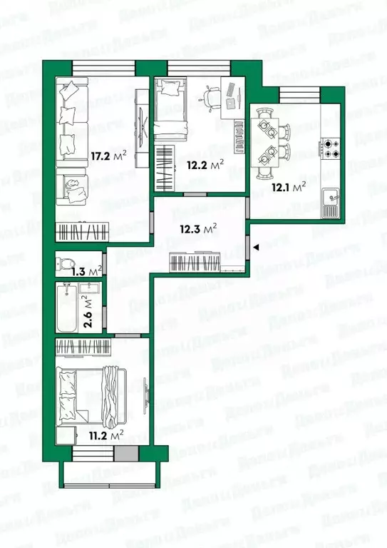 3-к кв. Кировская область, Слободской Красноармейская ул., 147 (68.7 ... - Фото 2