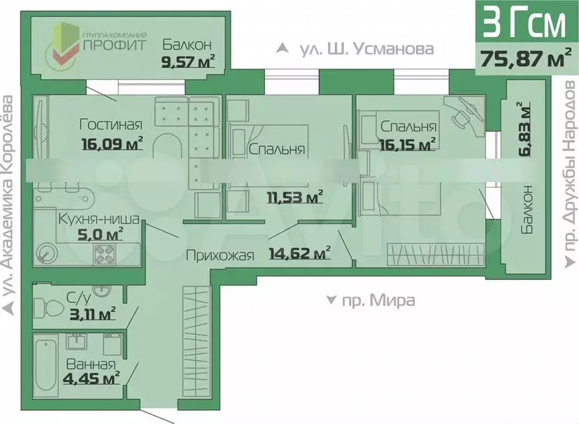 3-к. квартира, 75,5м, 3/19эт. - Фото 0