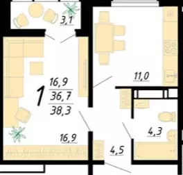 Продаётся 1-к квартира, 38.3 м - Фото 1