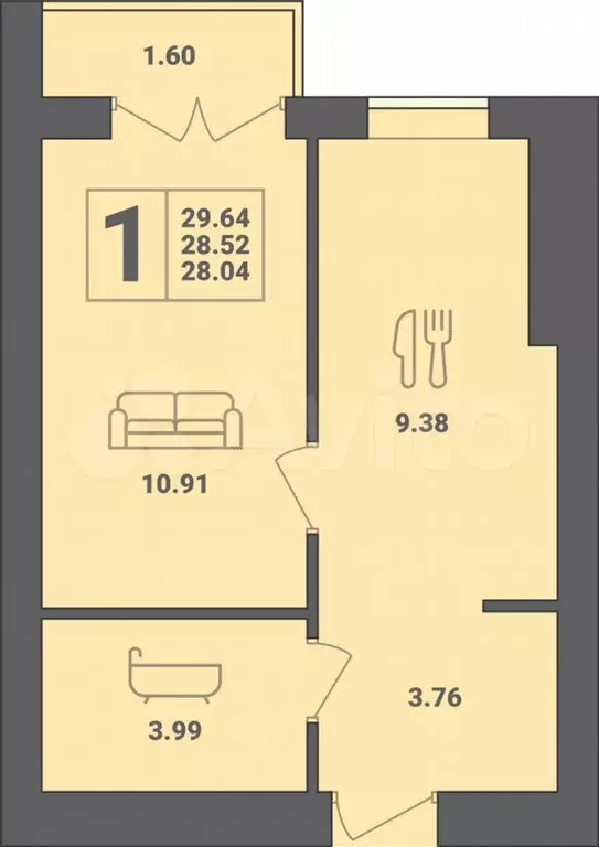 1-к. квартира, 29,6 м, 5/6 эт. - Фото 1