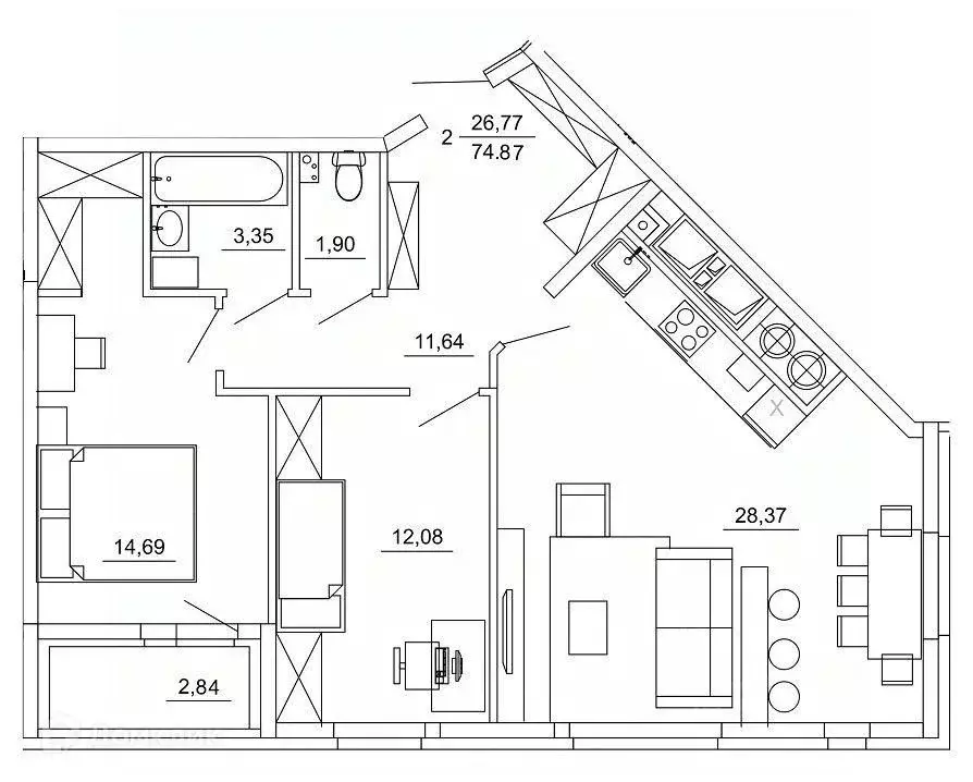 2-к кв. Рязанская область, Рязань ул. Земнухова (74.87 м) - Фото 1