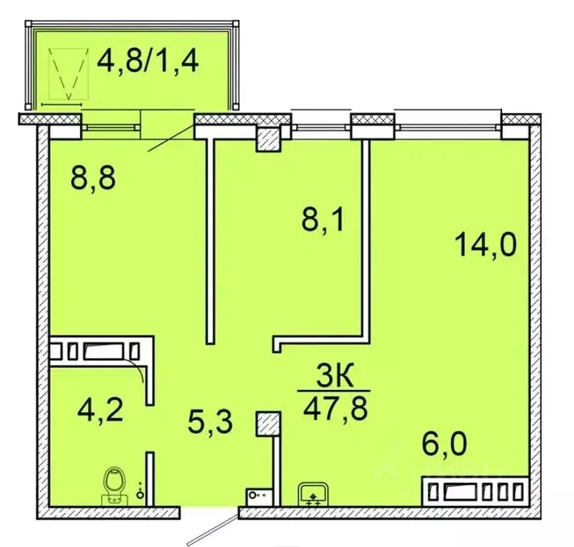 3-к кв. Красноярский край, Красноярск ул. Калинина, 175 (47.4 м) - Фото 1