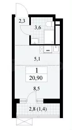 Квартира-студия, 20,9м, 14/15эт. - Фото 1