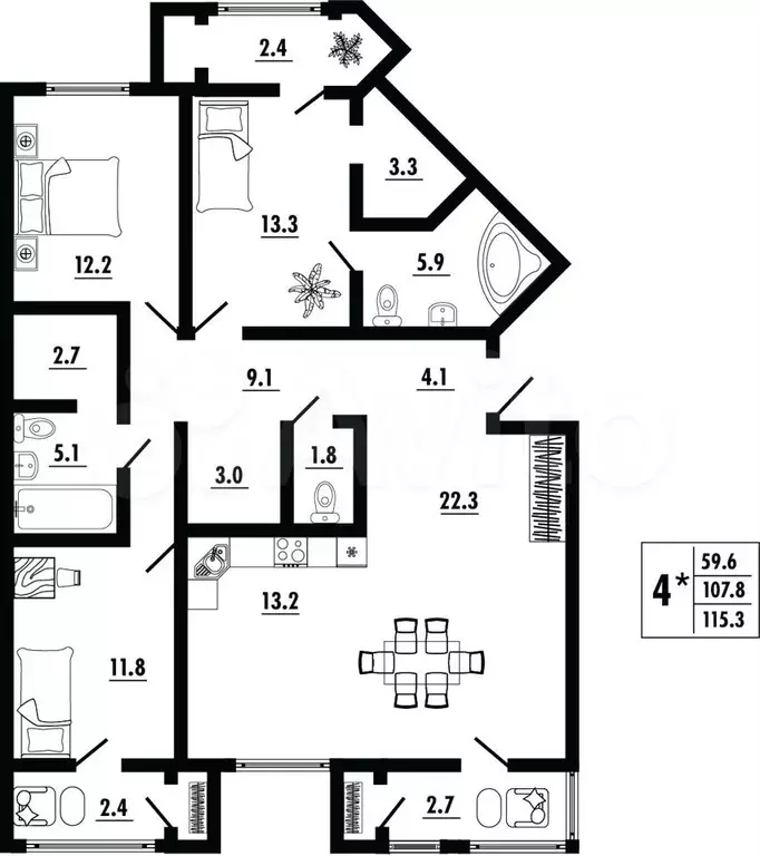 4-к. квартира, 115м, 3/23эт. - Фото 1