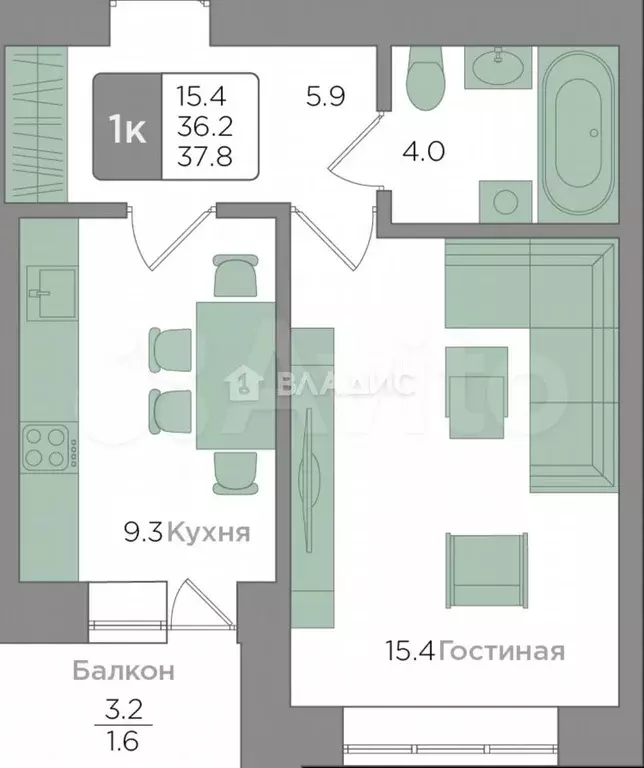 1-к. квартира, 37 м, 8/9 эт. - Фото 0