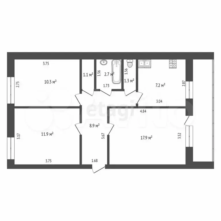 3-к. квартира, 60,4 м, 5/5 эт. - Фото 0