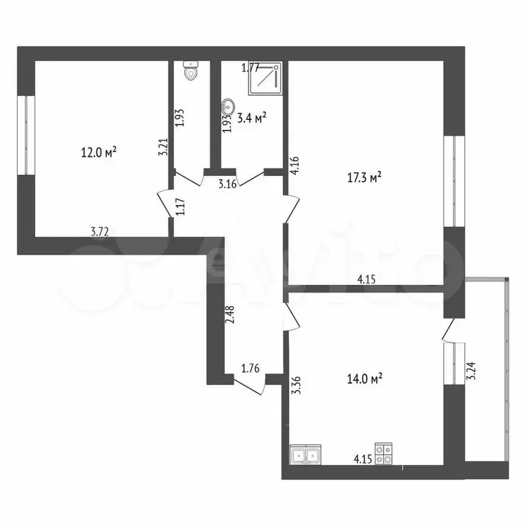 2-к. квартира, 56,4 м, 7/9 эт. - Фото 1