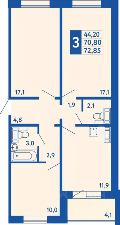 3-к кв. Башкортостан, Уфа ул. Исследовательская, 34 (72.85 м) - Фото 1