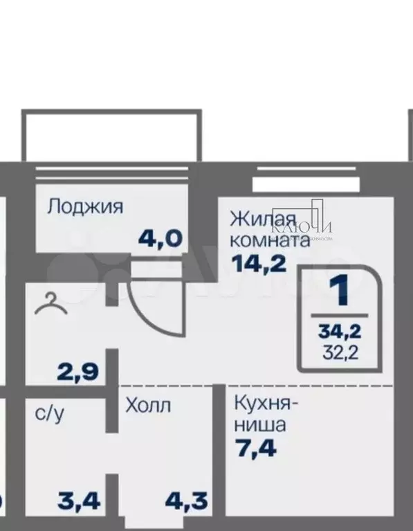 1-к. квартира, 34,2 м, 4/16 эт. - Фото 0