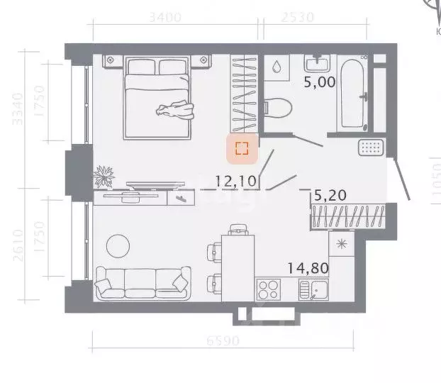 2-к кв. Татарстан, Казань ул. Гагарина, 63 (47.0 м) - Фото 2