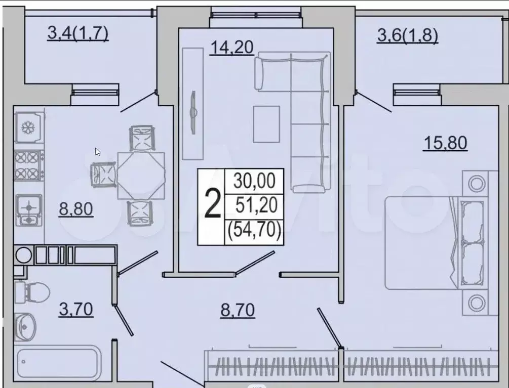 2-к. квартира, 54,7 м, 5/9 эт. - Фото 0