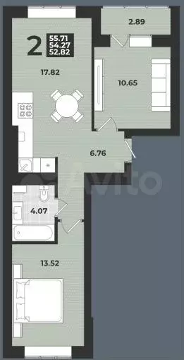 2-к. квартира, 55,7 м, 2/9 эт. - Фото 0