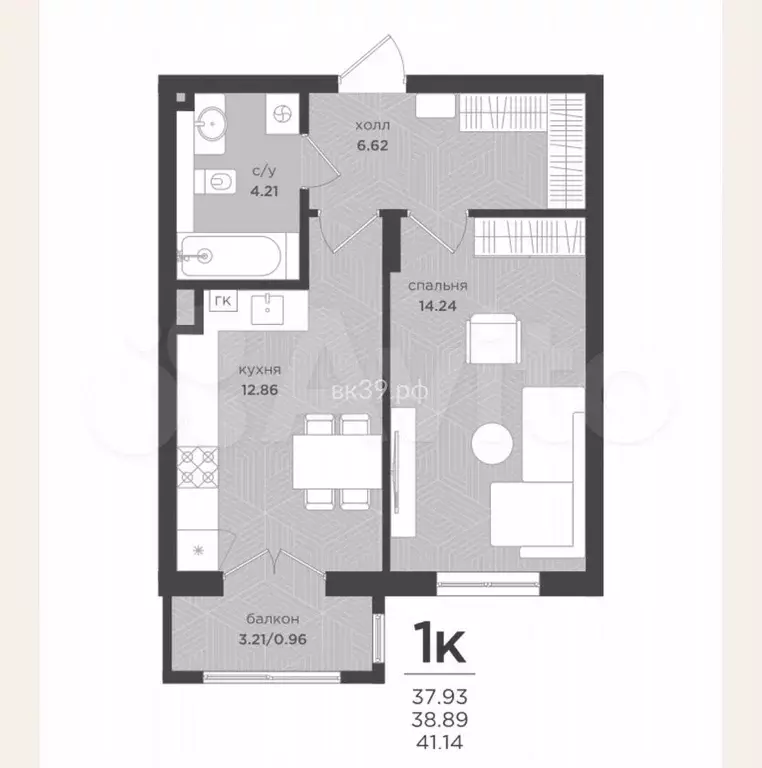 1-к. квартира, 38,9 м, 1/4 эт. - Фото 1