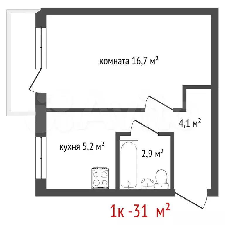 1-к. квартира, 30,4 м, 3/5 эт. - Фото 0