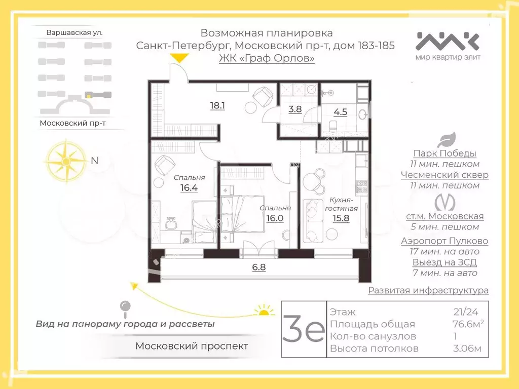 2-к. квартира, 76,6 м, 21/24 эт. - Фото 0