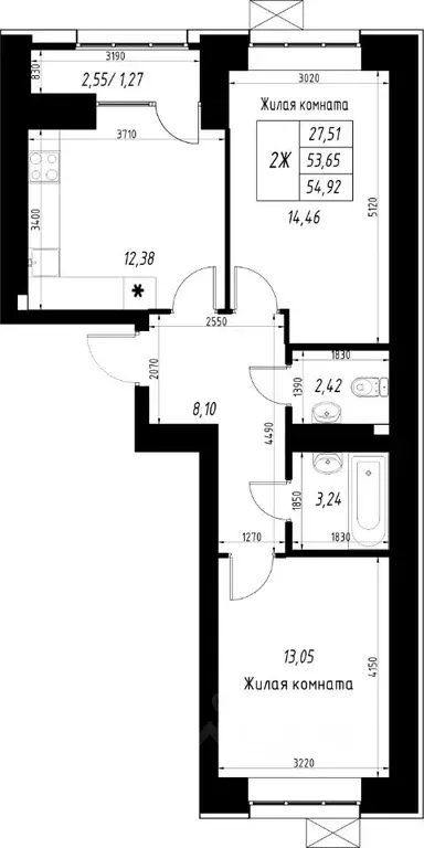 2-к кв. Татарстан, Казань Династия жилой комплекс (54.92 м) - Фото 1