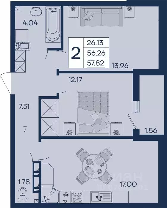 2-к кв. Краснодарский край, Краснодар  (57.82 м) - Фото 1