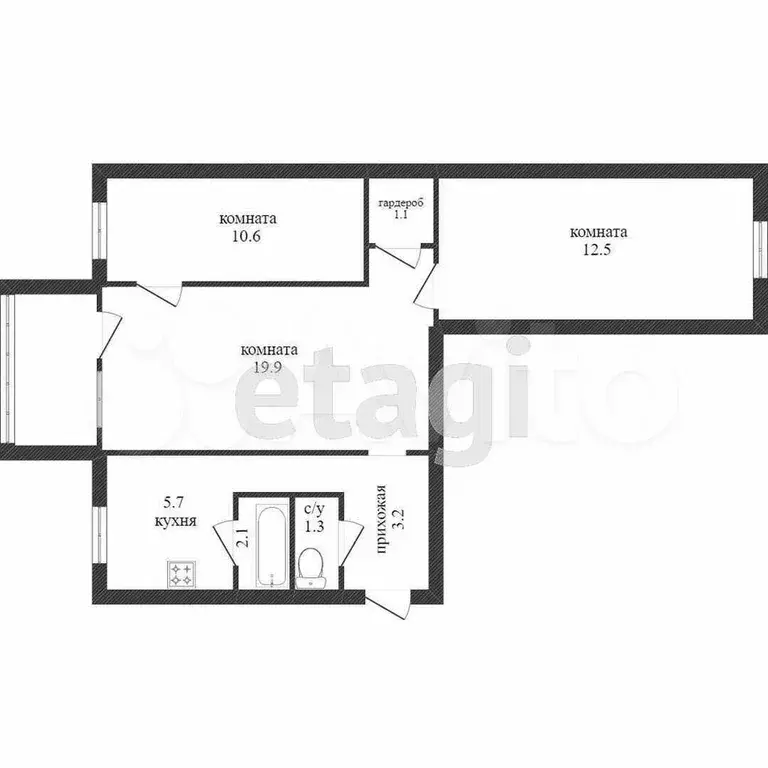 3-к. квартира, 59 м, 2/5 эт. - Фото 0