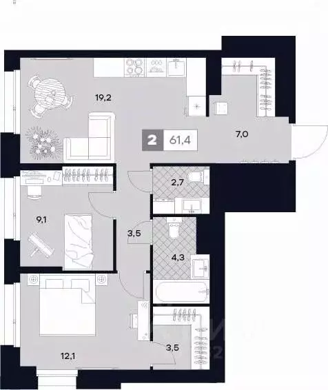 2-к кв. Москва Лодочная ул., 27К2 (61.4 м) - Фото 0