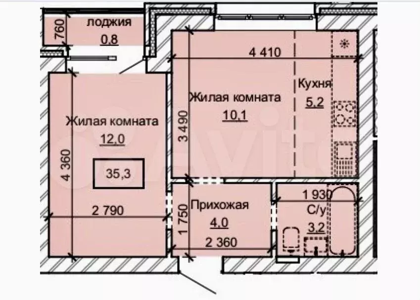 2-к. квартира, 35,3 м, 1/10 эт. - Фото 1