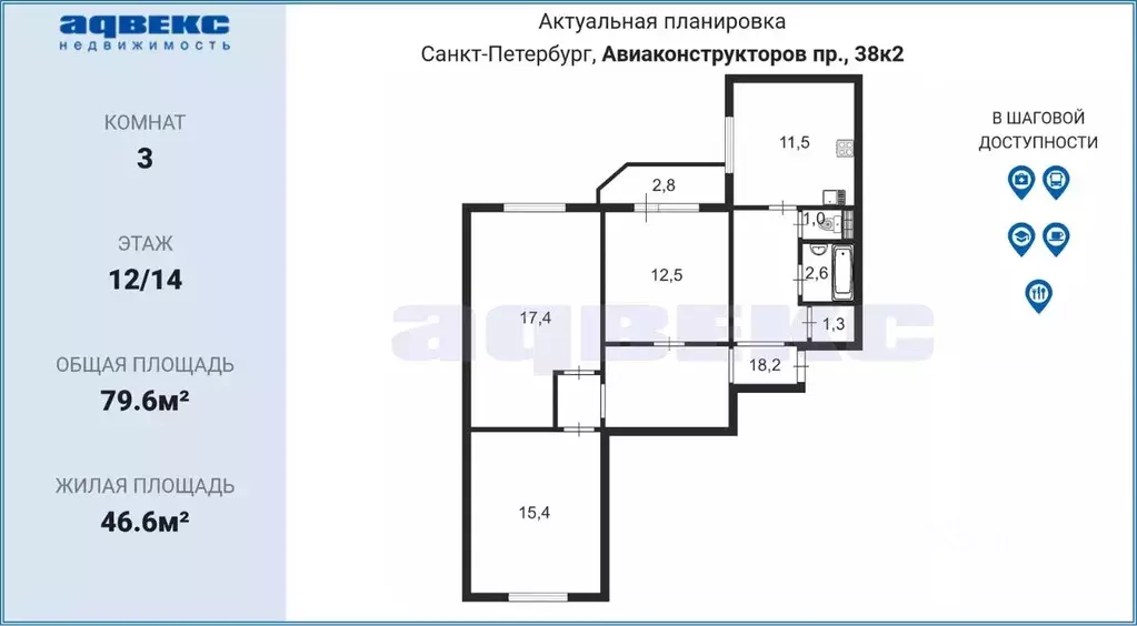 3-к кв. Санкт-Петербург просп. Авиаконструкторов, 38К2 (79.6 м) - Фото 1