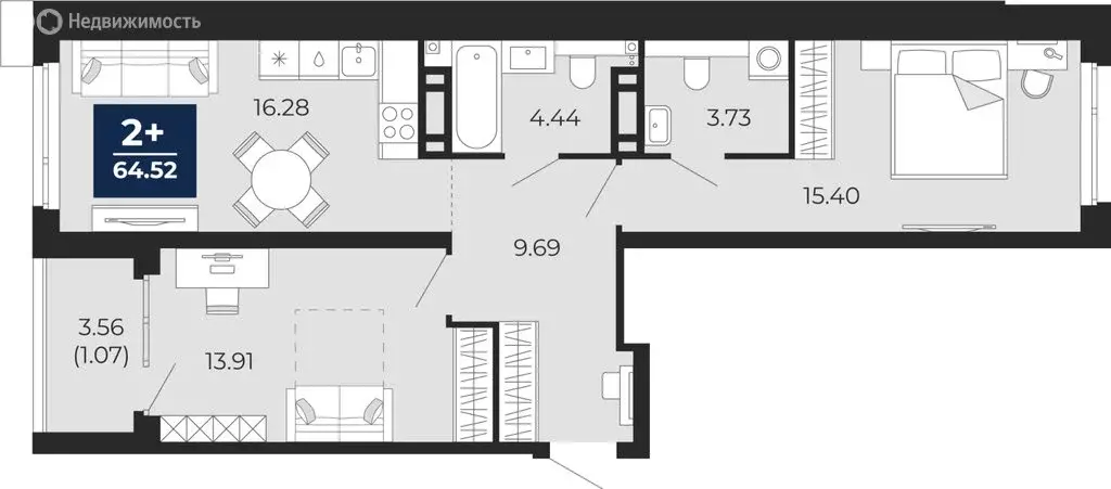 2-комнатная квартира: Тюмень, Арктическая улица, 12 (67.01 м) - Фото 1