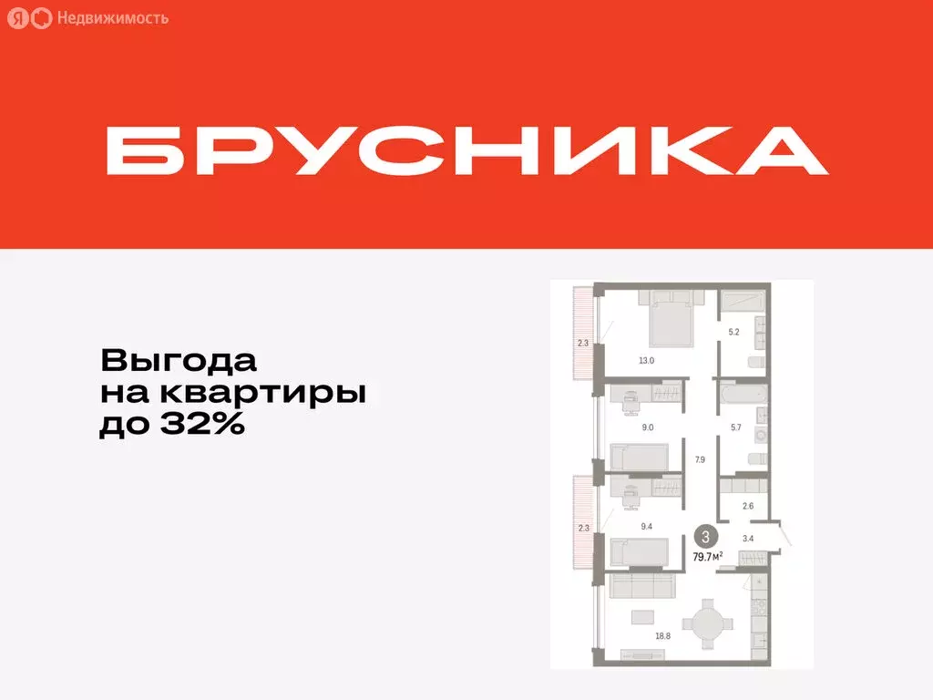 3-комнатная квартира: Тюмень, микрорайон ДОК, ЖК Октябрьский на Туре ... - Фото 1