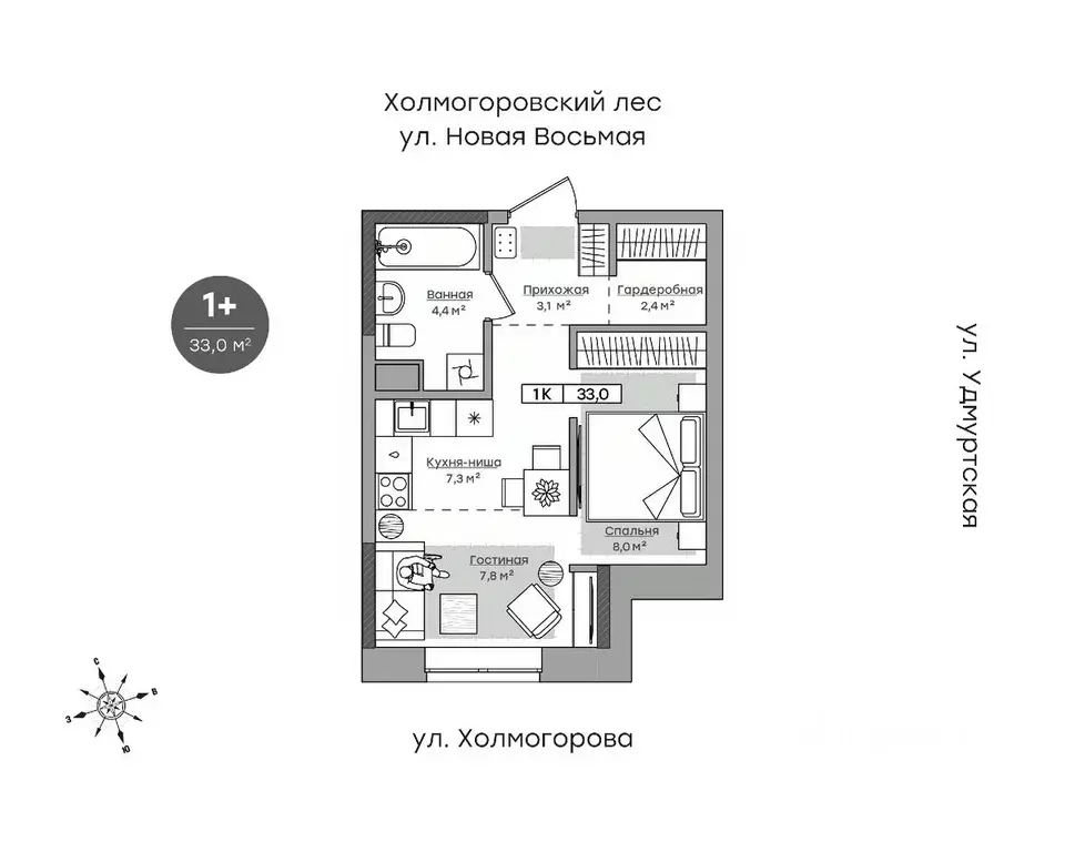 1-к кв. Удмуртия, Ижевск ул. Холмогорова, 109 (33.0 м) - Фото 0