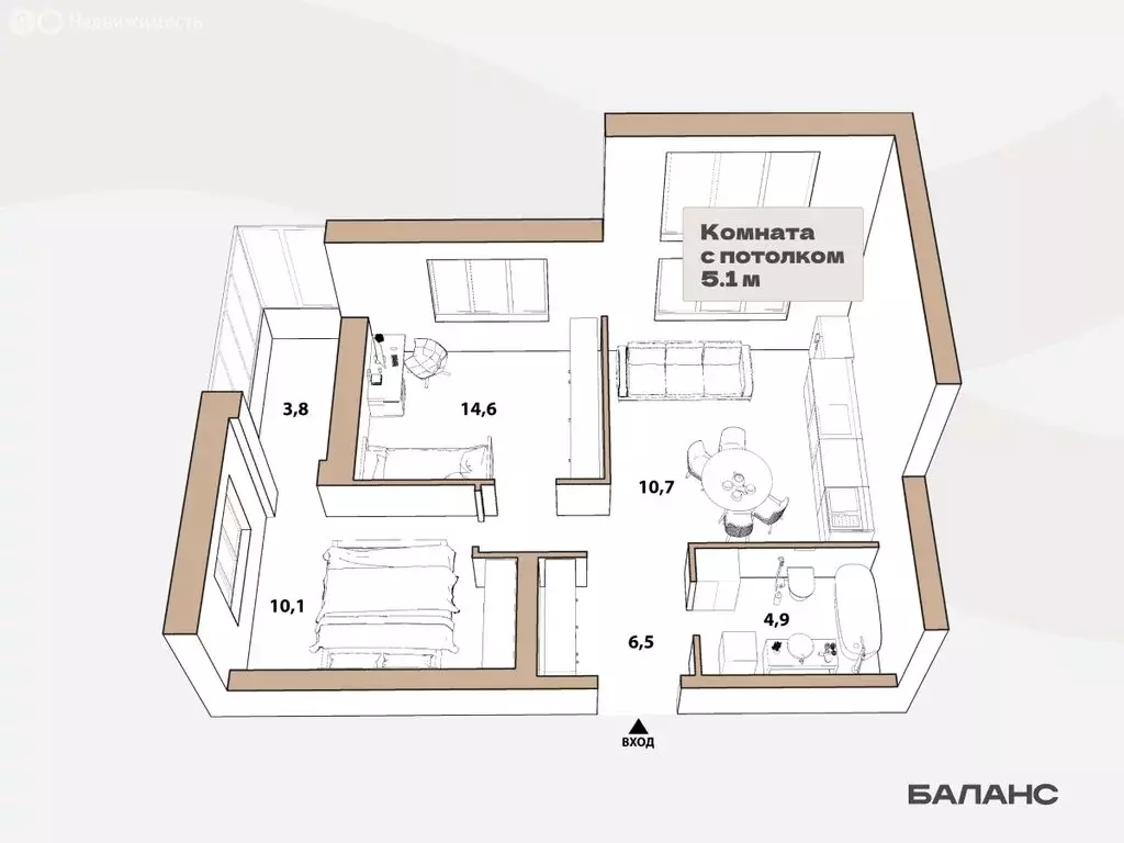 2-комнатная квартира: Тюмень, улица Республики, 204к18 (48.75 м) - Фото 1