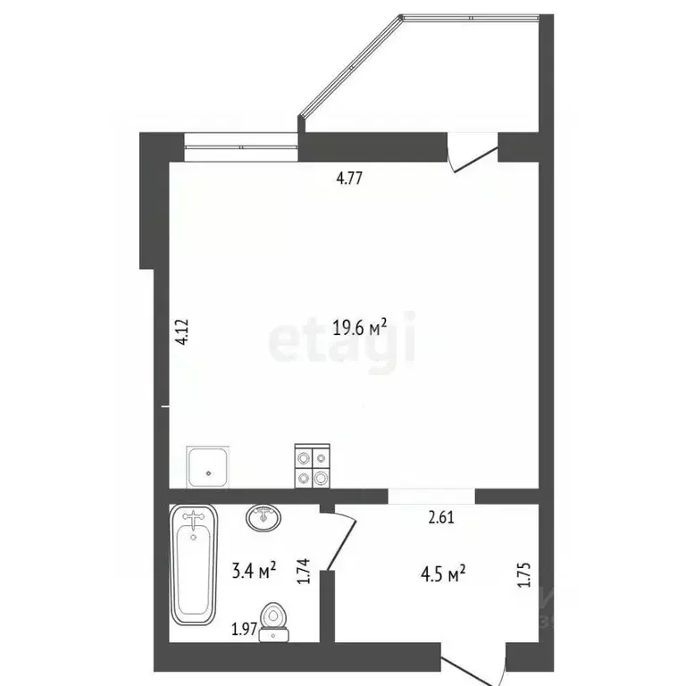 Студия Тюменская область, Тюмень ул. Беляева, 33к2 (27.4 м) - Фото 1