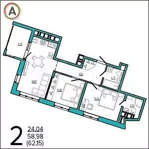 2-к. квартира, 62,2м, 8/16эт. - Фото 1