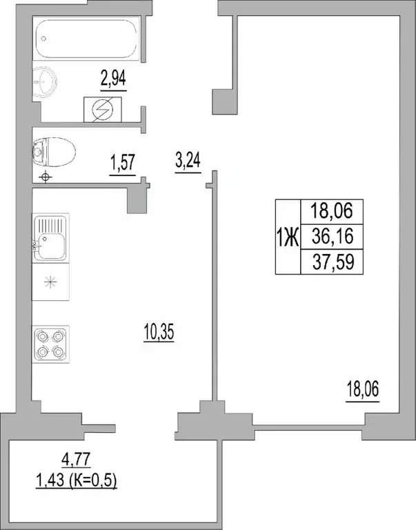 1-к кв. Псковская область, Псков ул. Юности, 32 (37.59 м) - Фото 0