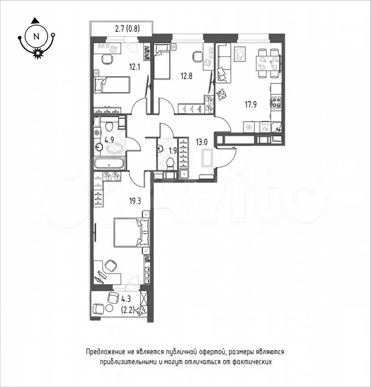 3-к. квартира, 84,9 м, 5/9 эт. - Фото 0
