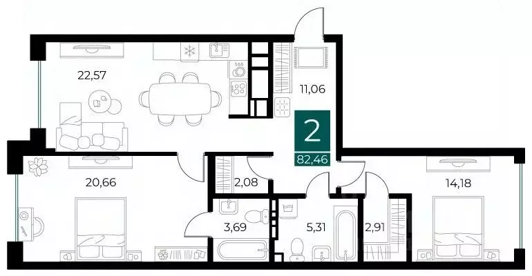 2-к кв. Рязанская область, Рязань Арт Кварталы жилой комплекс (82.46 ... - Фото 1
