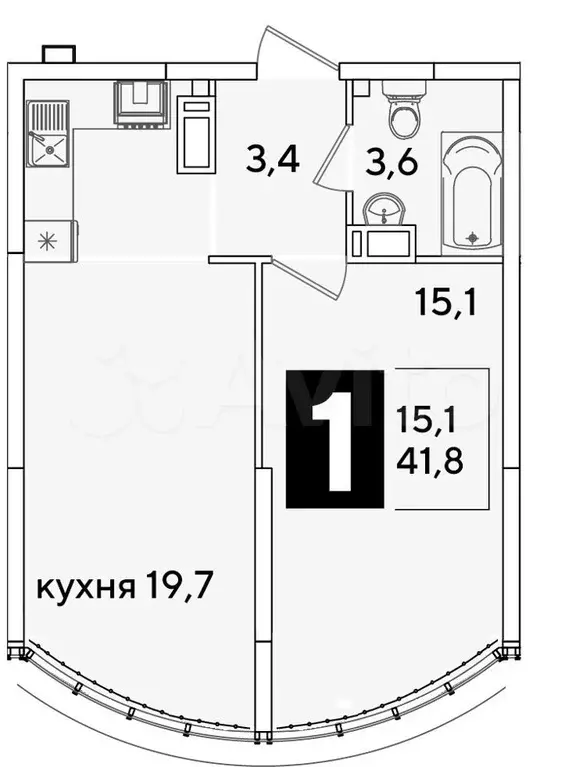 1-к. квартира, 41,8 м, 16/16 эт. - Фото 0