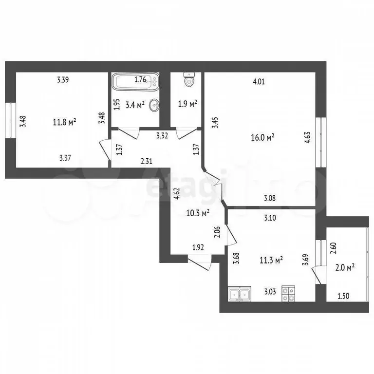 2-к. квартира, 56,7 м, 4/10 эт. - Фото 0