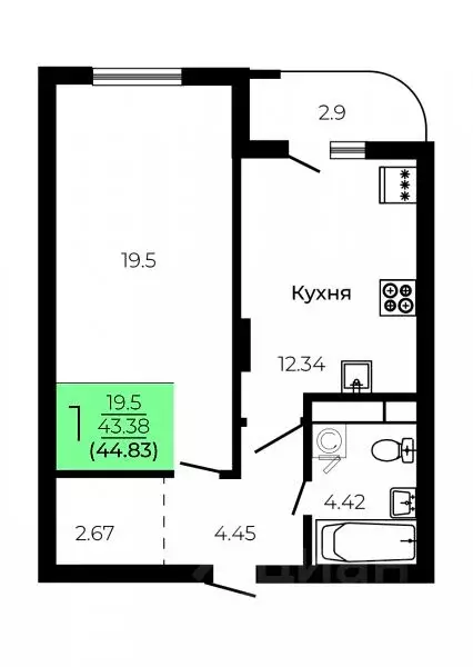 1-к кв. Воронежская область, Воронеж Оникс жилой комплекс (44.83 м) - Фото 1