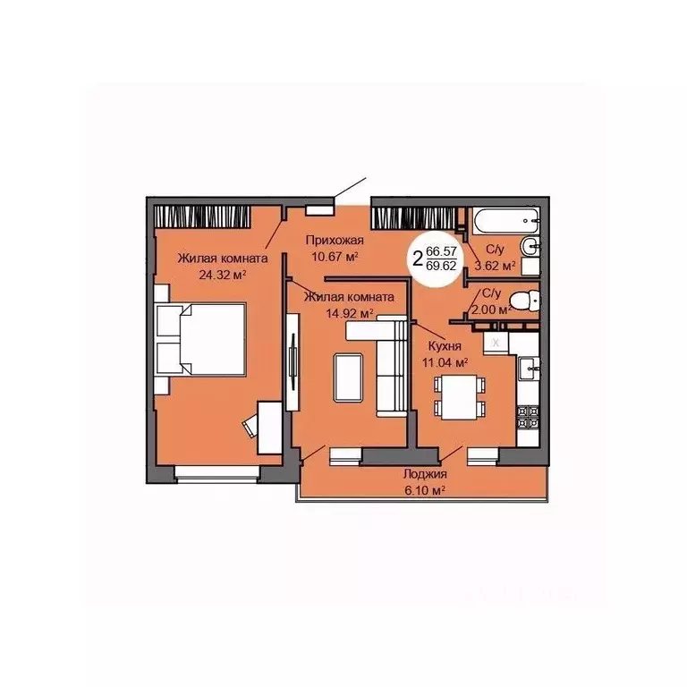 2-к кв. Орловская область, Орел Межквартальная ул., 3 (69.7 м) - Фото 1