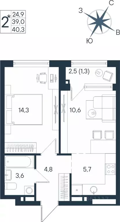 Студия Пермский край, Пермь ул. Космонавта Беляева, 17 (40.3 м) - Фото 1