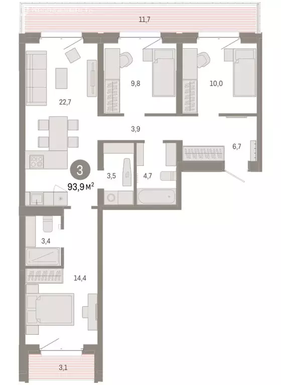 3-комнатная квартира: Тюмень, жилой комплекс На Минской (93.91 м) - Фото 1