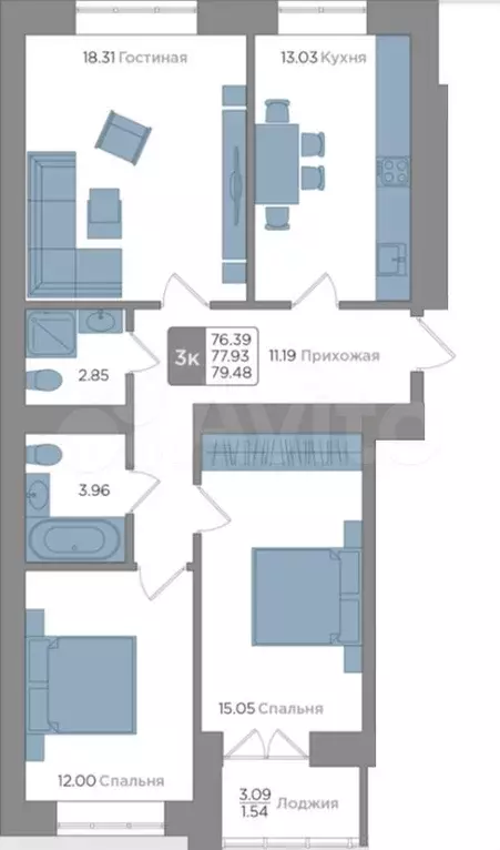 3-к. квартира, 77,9 м, 1/9 эт. - Фото 0