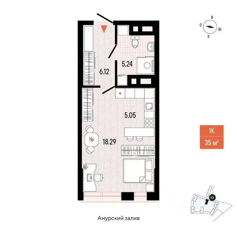1-к кв. Приморский край, Владивосток просп. 100-летия Владивостока, ... - Фото 2