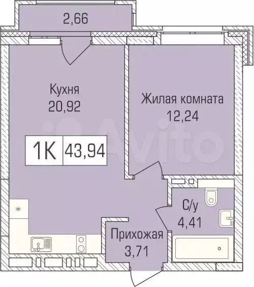 1-к. квартира, 43,5м, 3/9эт. - Фото 0