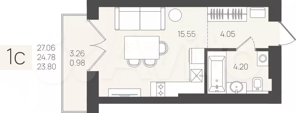 Квартира-студия, 23,8 м, 5/5 эт. - Фото 1