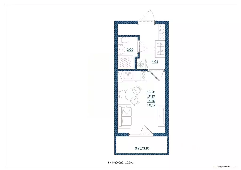 Студия Тверская область, Тверь ул. Медовая, 9к4 (20.3 м) - Фото 2